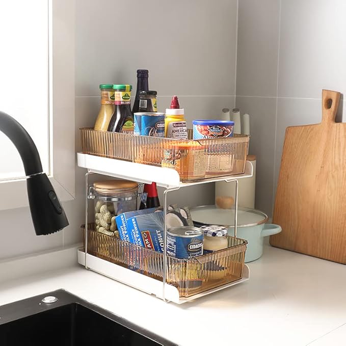 Bathroom Kitchen Storage Organizer 2 Tier Under the Sink Organizer Baskets Vanity Countertop Container Cabinet Drawers Bins Pull-Out Organization with Sliding Drawers for Cabinet, Pantry and Desktop-NeatNest