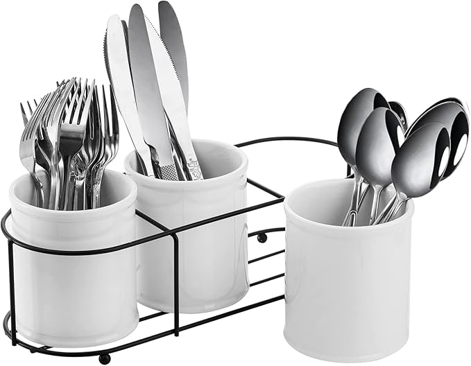 Bekith 3-Piece Ceramic Silverware Caddy with Metal Rack, Utensil Holder Flatware Caddy Cutlery Storage Organizer for Kitchen Table, Cabinet or Pantry-NeatNest