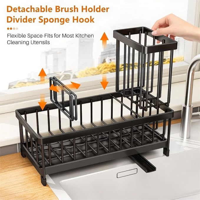 Black Sponge Holder for Kitchen Sink, Sink Caddy with Brush Holder Self-draining Sponge, Sturdy Rustproof Stainless Steel Kitchen Countertop Organizer for Soap Dispenser-NeatNest