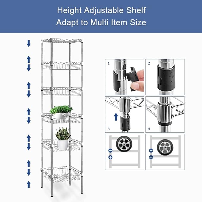 6 Tier Narrow Wire Shelving Unit with Basket, Adjustable Narrow Metal Shelf with Hooks, Tall Narrow Storage Shelves for Small Spaces, Bathroom, Laundry, Kitchen, 13.5"D X 13.5"W X 63"H, Silver