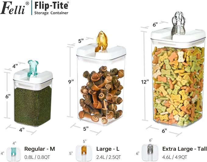 Felli Flip Tite Pet Food Container with Airtight Lids, BPA FREE Acrylic Canister with Paw Bone Fish Flip Top Handles for Cat Dog Kibble Treats Storage, Keep Fresh (Pet Collection Nest-L3pk)-NeatNest