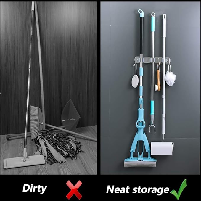 DGSL 1 PCS Broom Holder Wall Mount with 3 Racks 4 Hooks, Stainless Steel Wall Mounted Organizer Mop and Broom Storage Tool Rack for Home Kitchen Garden-NeatNest