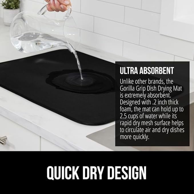 GORILLA GRIP Ultra Water Absorbent Microfiber Dish Drying Mat, 18x24, Quick Dry Thick Mesh, Slip Resistant Pad for Sink Dishes or Under Rack, Kitchen Counter Accessories, Machine Wash Mats, Black