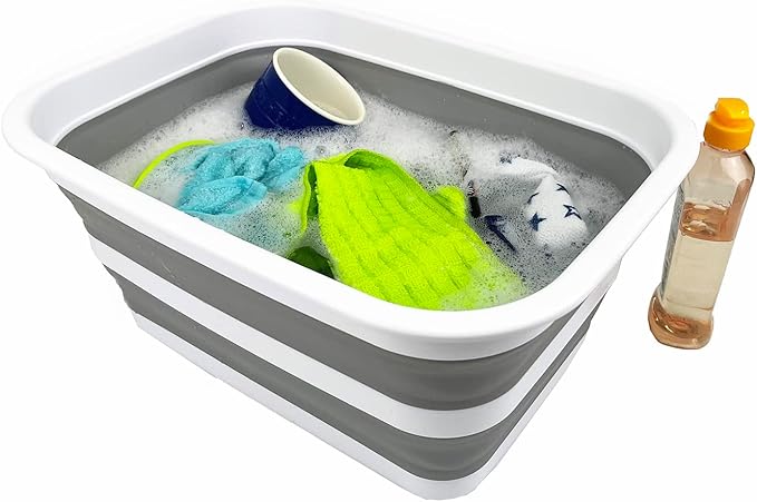 SAMMART 12L (3.17Gallon) Collapsible Tub - Portable Outdoor Picnic Tray - Portable Washing Basin - Space Saving Plastic Washtub (Grey + Baby Blue (Set of 2))