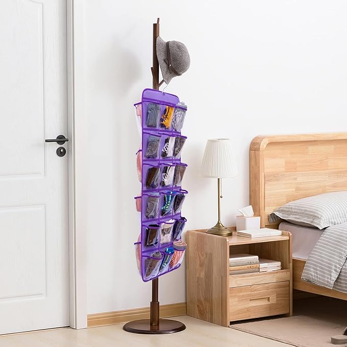 Dual-Sided Hanging Closet Organizer for Socks Underwear Bra Kids Storage Organizer for Baby Clothes Toddler Shoes with 26 Pockets (Purple-Clear Pockets)-NeatNest