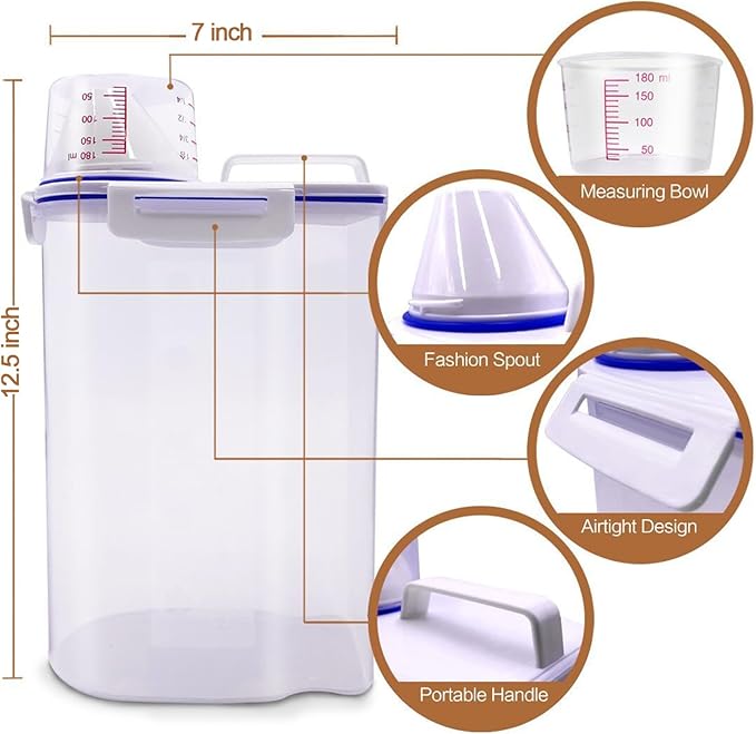 Dog Food Storage Container Small, Cat Food Storage Container Airtight Plastic Dispenser with Graduated Measuring Cup, Pourable Spout and Portable Collapsible Dog Bowl for Pet Food, Birds Seed-NeatNest