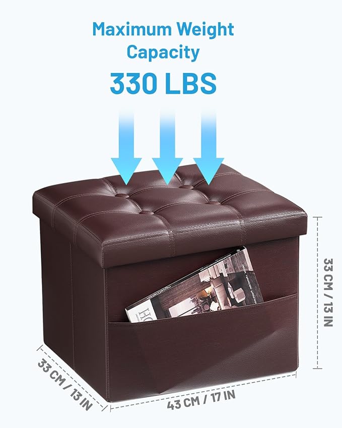 AmasSmile 2PC Storage Ottoman Folding Foot Rest Stool with Side Pocket, 16 inch Leather Footstool Bench, Short Ottoman Bench, Storage Foot Rest Store, Books, Brown-NeatNest