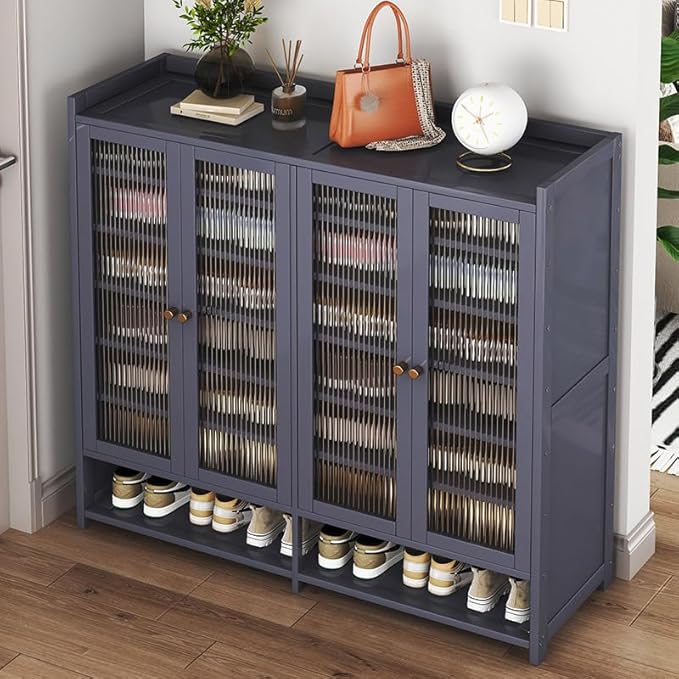 Bamboo Shoe Cabinet, 8-Tier Shoe Storage Cabinet with Doors, Freestanding Bamboo Shoe Rack Organizer with Shelves for Entryway, Hallway, Closet, Living Room (Grey-01)