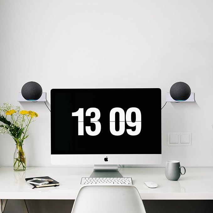 Small Floating Shelves, Adhesive Bluetooth Speaker Shelf, Renter Friendly Floating Corner Shelves with Cable Clip, Wall Mounted, Display Shelf for Smart Speaker, White, Aluminum, 8 inch, 2 Pack-NeatNest