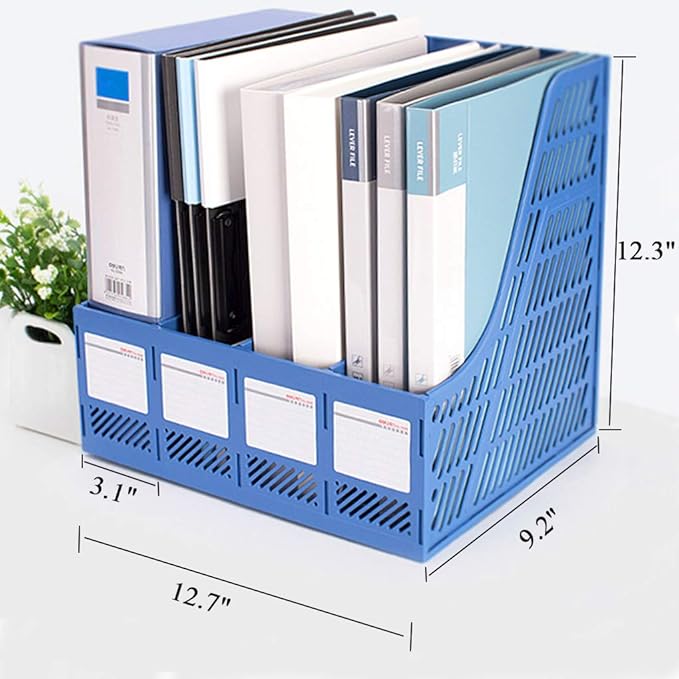 Lemical File Holder Desktop Filing File Box 4 Compartments Vertical File Organizer Magazine Rack Book Holder Frames Binder Holder for Home Office School (Blue)