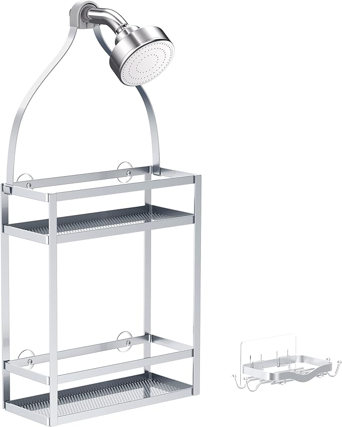 Meangood Shower Caddy Organizer with Soap Holder, Mounting Over Shower Head Or Door, Extra Wide Space for Shampoo, Conditioner, and Soap with Hooks for Razorsand More, Matte Silver