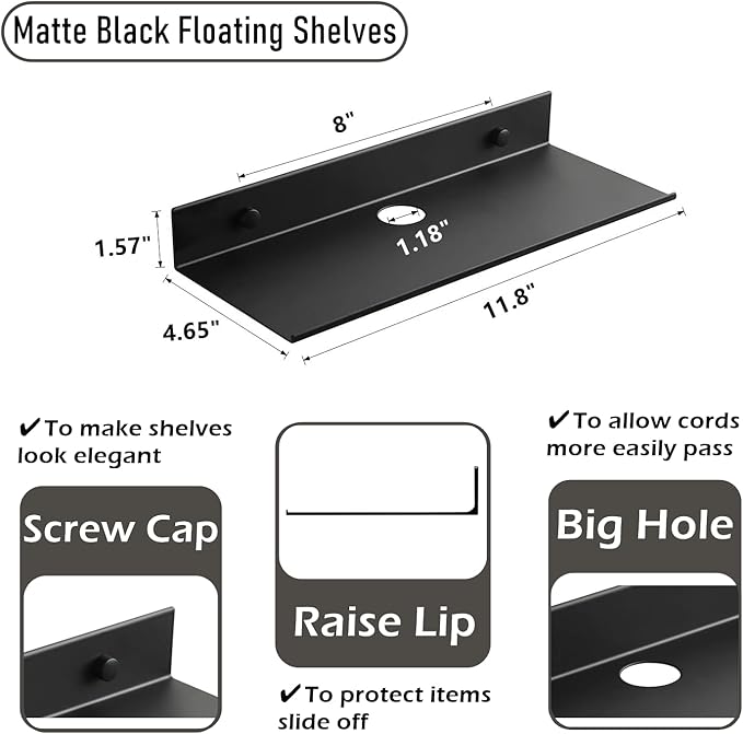 Z metnal Metal Floating Shelves with Cable Clip, Shelves for Bluetooth Speaker Router Cameras, Wall Mounted, Display Shelf, Matt Black, Aluminum, 12 inch, 2 Pack-NeatNest