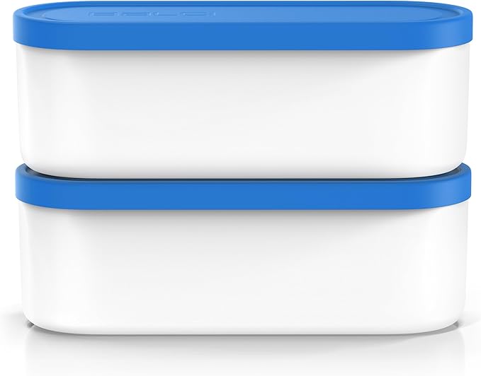 Ice Cream Containers - 2 Quart Ea. (Set of 2) - Premium Reusable Freezer Storage for Homemade Ice Cream Tub for Sorbet, Frozen Yogurt - Flexible Silicone Lids, Long Scoop, Stackable - Blue