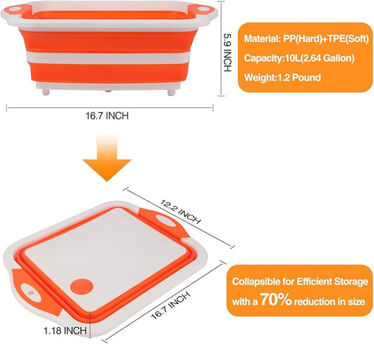 Collapsible BBQ Prep Tub/Cutting Board 10L, Foldable Dish Tub with Colander, Portable Camping Sink, Multifunction Dishing Basin Bucket Wash Tub for Kitchen Fruit Vegetable Picnic (Orange)-NeatNest