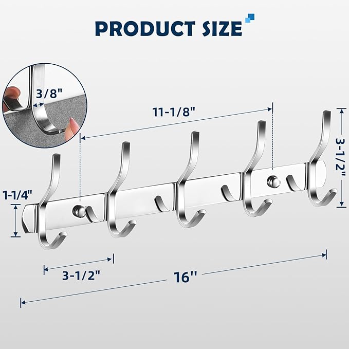 2 Pack Thickened 304 Stainless Steel Coat Hooks - 16 Inches 5 Two-Hooks Coat Rack Wall Mounted, Rustproof Heavy Duty Coat Rack Wall Mount, Brushed Nickel Coat Hooks, Holding up to 44 lbs, Silver