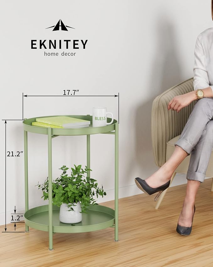 EKNITEY 2 Tier End Table - Metal Side Table Waterproof Small Sofa Coffee Side Tables Bedroom Indoor Outdoor with Removable Tray for Living Room Bedroom Balcony and Office (Atrovirens)-NeatNest