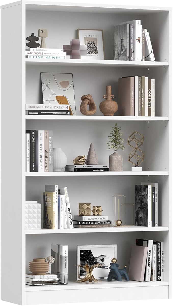 Farini 60 Inch Tall 5-Shelf Bookcase, Wood Bookshelf Storage Organizer Adjustable Shelf for Home Office, Study Room, Easy Assembly,White