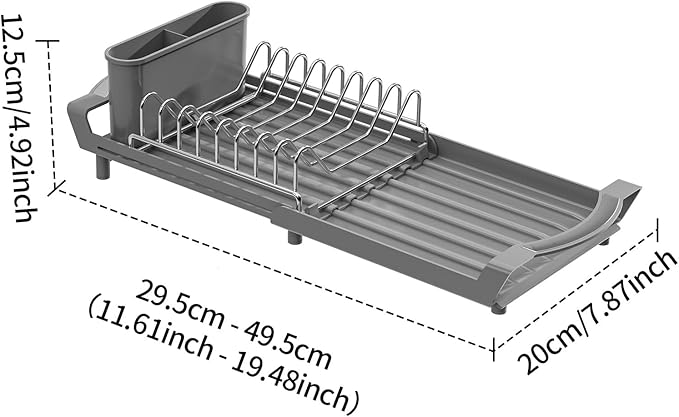 Expandable Dish Drying Rack for Sink or Countertop – Compact Stainless Steel Dish Drainer with Removable Utensil Holder, Rustproof Plate Rack for Small Kitchen Spaces, Grey