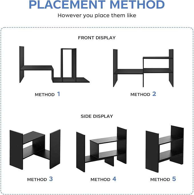 Black Desk Organizer Shelf Wooden Desktop Bookshelf Adjustable Desktop Organizer Shelves Small Book Shelf for Office Desk Supplies Home Storage Natural Stand Decor (Black, Style2)-NeatNest
