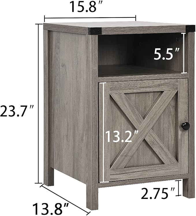 Farmhouse Nightstand, End Table, End Tables with Barn Door and Shelf, Modern Bed Side Table Rustic Gray Nightstands Set for Bedroom, Living Room, Set of 2, Gray Wash