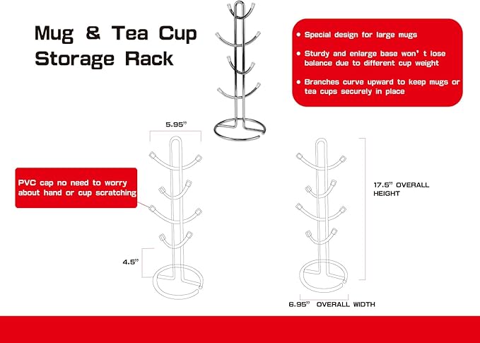 FitWell Mugs Holder, Mug Tree, Coffee Mug Holder, Coffee Mug Tree, Mug Organizer for Cabinet, Mug Holder Stand, Coffee & Tea Cup Storage Rack (Chrome, 8 Mugs Holder (17.5"H))-NeatNest