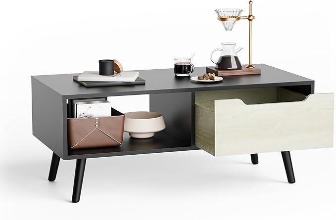 Cozy Castle Modern Coffee Table, Wooden Cocktail Table with Storage, Minimalist Hallway Table, Mid Century Modern Coffee Table for Living Room Apartment Reception, Black-NeatNest