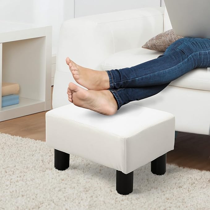 HOMCOM Ottoman Foot Rest, Small Foot Stool with Faux Leather Upholstery, Rectangular Ottoman Footrest with Padded Foam Seat and Plastic Legs, Bright White