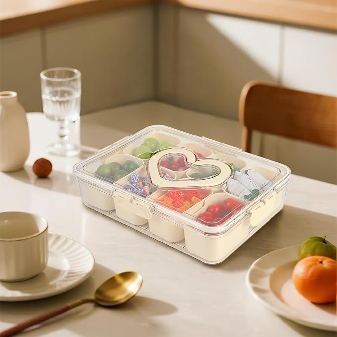 Divided Serving Tray with Lid and Handle, Snackle Box Charcuterie Container for Portable Snack Platters - Clear Organizer for Snacks,Candy, Fruits, Nuts for Party, Entertaining-NeatNest