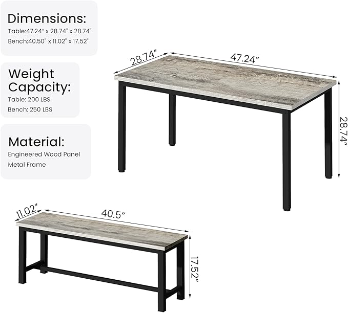 DKLGG Dining Room Table Set for 4, 47" Farmhouse Dining Table with Benches 3 Pieces Rectangular Kitchen & Dining Room Sets for Small Space, Restaurant, Apartment, Grey & Black-NeatNest
