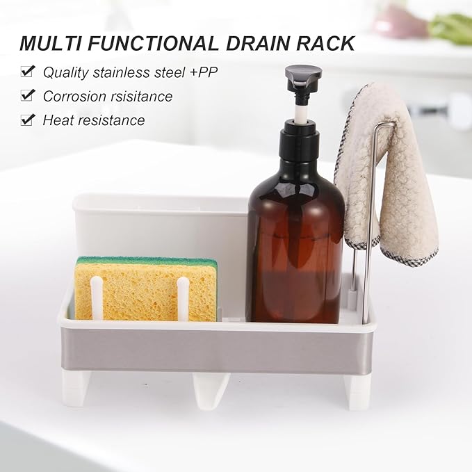 Dish Sponge Holder - Stainless Steel & PP Sink Caddy, 360° Rotatable Self-draining, Space-Saving Kitchen Sink Organizer with Removable Dish Cloth Rack (White)-NeatNest