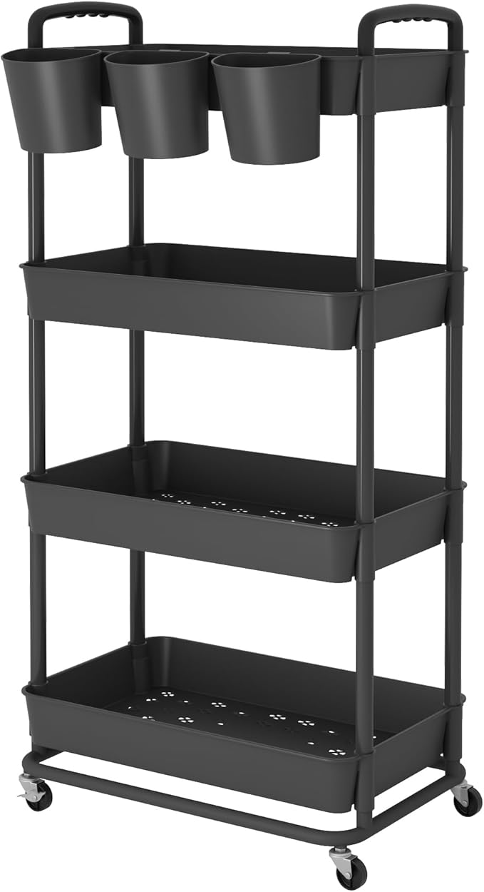 JIUYOTREE 4-Tier Plastic Rolling Storage Cart Utility Cart with Extra Hanging Cups Handles Lockable Wheels for Living Room Bathroom Kitchen Office Black-NeatNest