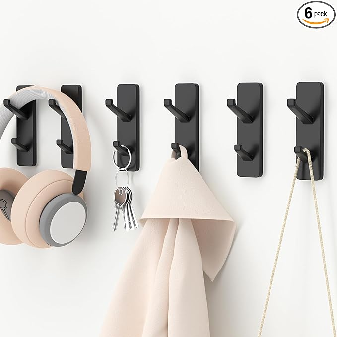 Black 6 Pack Aluminum Coat Hooks, Heavy Duty Self Adhesive Hooks for Hanging, 13LB Capacity, Bathroom Towel Shower Kitchen Door Hooks, 6 Pack-NeatNest