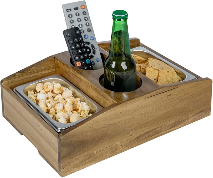 MyGift Cup Holder Tray and Couch Snack Caddy, Premium Solid Acacia Wood Sofa Beverage Drink and Snack Server with 2 Removable Metal Trays-NeatNest