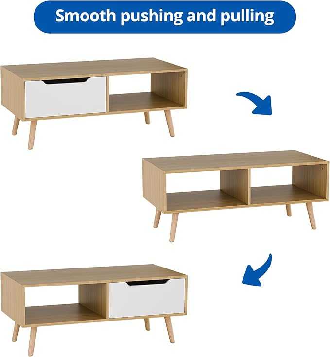 Cozy Castle Modern Wooden Coffee Table with Storage, Minimalist Hallway Mid Century Cocktail Table for Living Room Apartment Reception, Oak-NeatNest