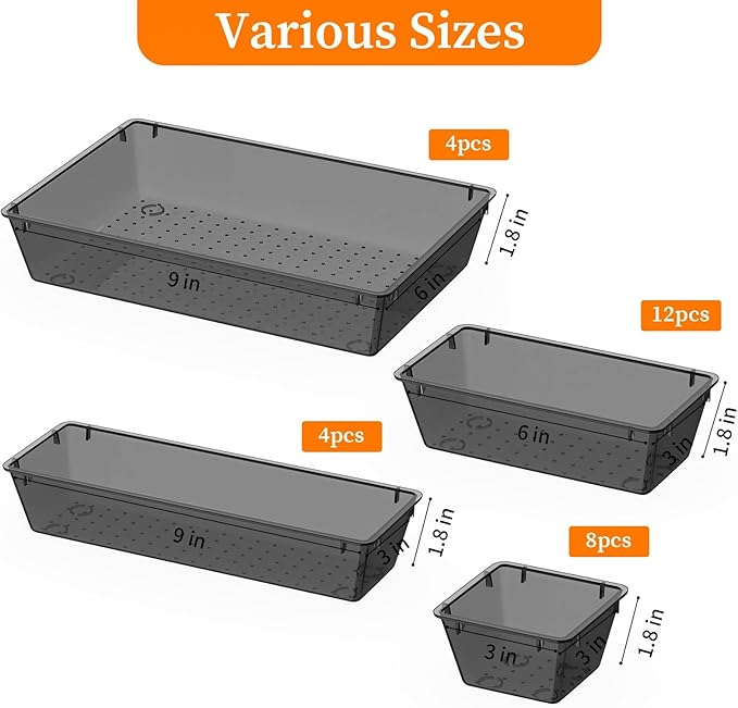 32 PCS Clear Plastic Drawer Organizer Set, 4-Size vanity organizer Trays and Storage Bins for Makeup, Jewelry and Gadgets in Bedroom, Bathroom and Office, Clear Black-NeatNest