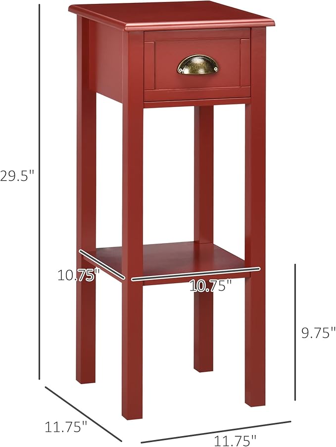 HOMCOM 2-Tier Side Table with Drawer, Narrow End Table with Bottom Shelf, for Living Room, Set of 1, Red