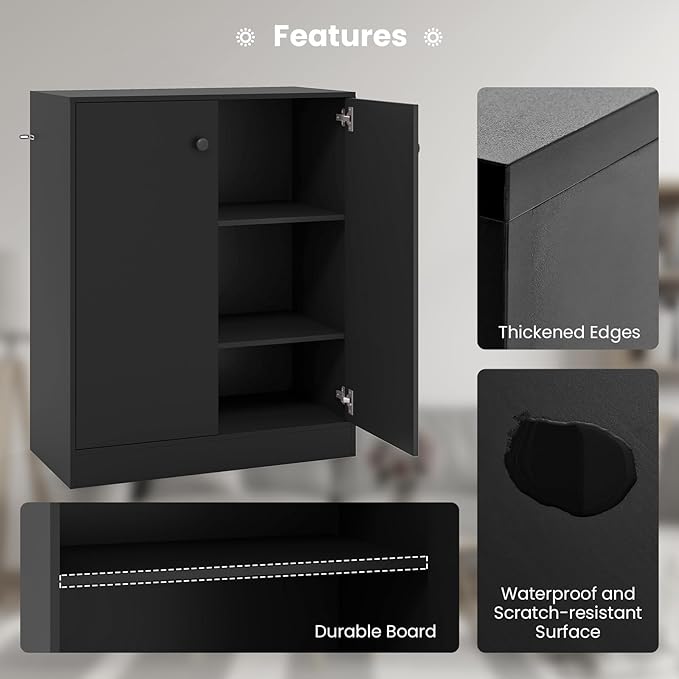 Giantex 2 Door Storage Base Cabinet - Freestanding Floor Cabinet with 3-Tier Shelf, Non-Slip Foot Pads, Kitchen Cupboard Storage Organizer for Living Room, Hallway, Entryway, Office (Black)