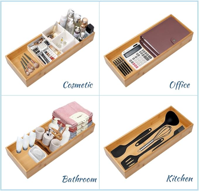 Bamboo Drawer Organizer - Kitchen Utensil Organizer Silverware Tray Cutlery Holder,Office Desk Supplies and Accessories (12x3x2.6 inch)-NeatNest