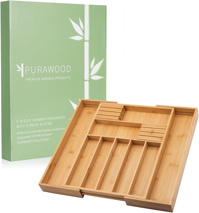 Bamboo Drawer Organizer with Knife Blocks - Silverware Organizer & Utensil Drawer Organizer, Cutlery Tray with Dividers, 7-9 Slots- Premium Kitchen Organizer for Utensils & Flatware (Natural)-NeatNest