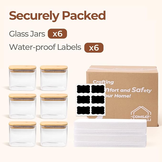ComSaf 0.7 Qt Rectangle Glass Storage Containers with Lids, Glass Jars with Bamboo Lids, Clear Food Jar, Sugar Coffee Containers, Small Pantry Storage Container for Tea Candy Nuts Spices Oat-NeatNest
