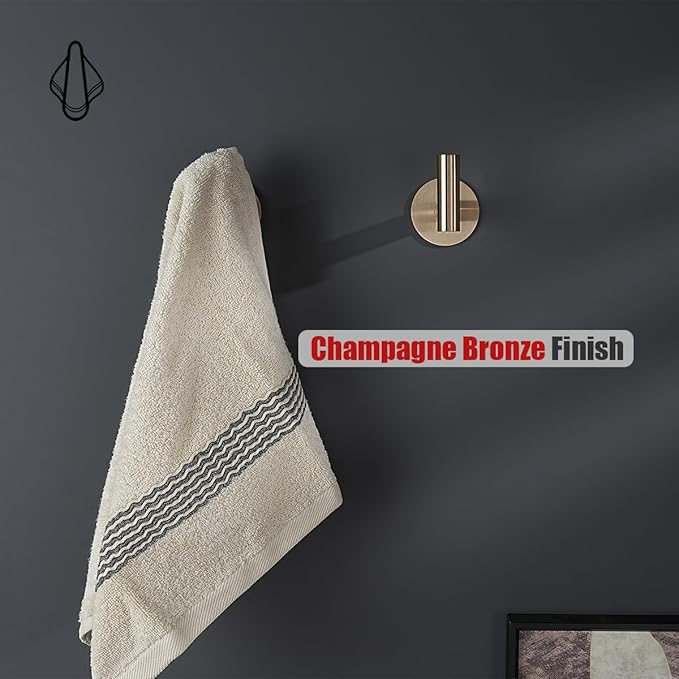 JQK Self Adhesive Towel Hook Champagne Bronze, No Drill Stick on Coat Robe Clothes Wall Hook for Bathroom 2 Pack, 304 Stainless Steel, ATH110-CB-P2