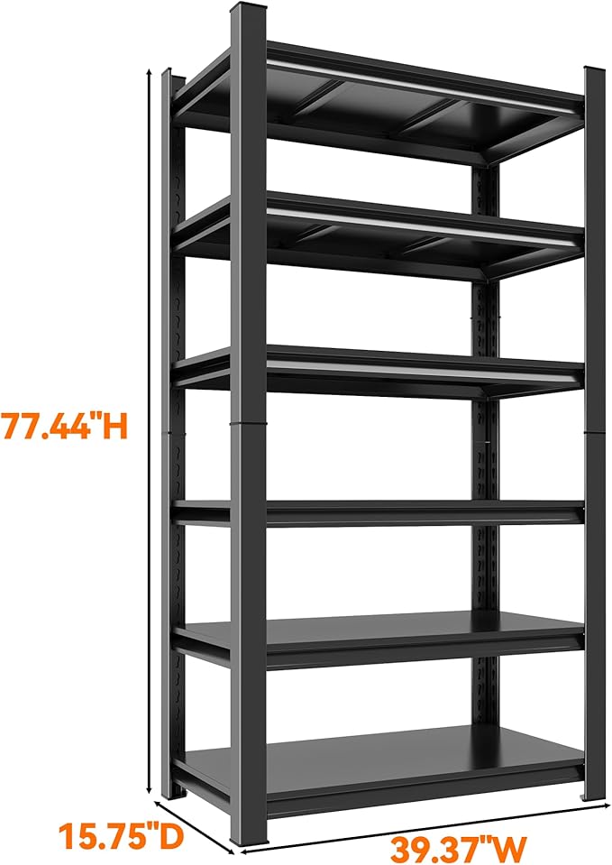 Adjustable 6-Tier Steel Garage Storage Shelves, Detachable Metal Shelving Units, Heavy Duty Rack Shelf – Perfect for Garage, Basement, or Workshop (Black-77.44H*39.37W, 15.75D-6Tier)