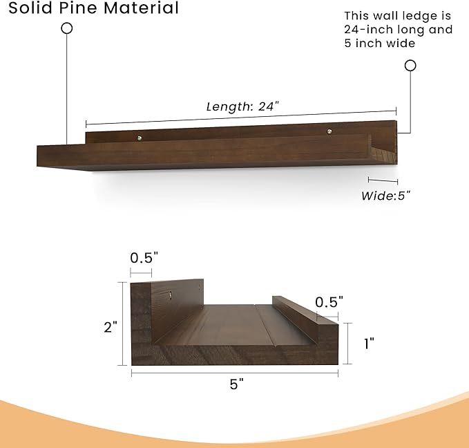 Floating Shelves for Wall, 24 inch Solid Wood Picture Ledge Shelf, Picture Shelf for Wall with Ledge, Floating Book Shelves for Living Room Bedroom Kitchen Nursery Decor, Walnut, Set of 2-NeatNest