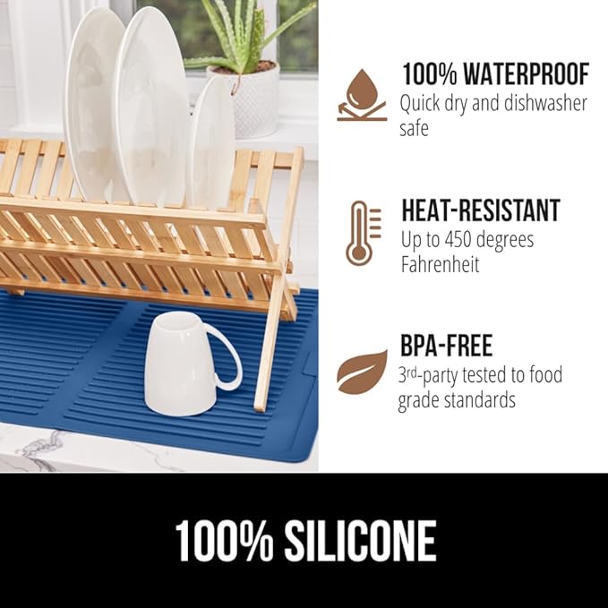GORILLA GRIP 100% BPA-Free Patented Silicone Dish Drying Mat for Kitchen Counter, Water Catching Ribbed Design, Easy Clean Waterproof Sink Liner, Heat Resistant, Fits Under Rack, 16x12 Inch, Blue