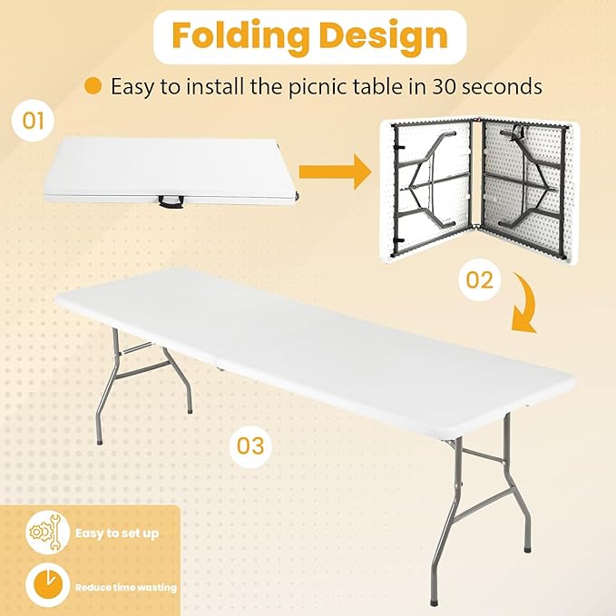FDW 6FT Folding Picnic Table for Outdoor, Portable Fold-in-Half Plastic Dining Picnic Party Table with Carrying Handle-NeatNest