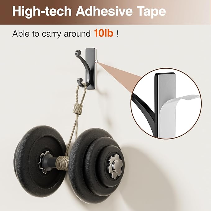 Adhesive Wall Hook for Towel/Coat - Extra Sticky 10LB Stainless, Stick on Hanger for Bath or Shower, Matt Black 8-Pack