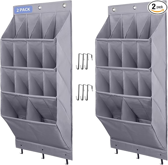 FENTEC 2 Pack Over the Door Shoe Organizer, Hanging Shoe Organizer Rack,24 Large Pockets and 4 Larger Storage Various Compartments with 6 Hooks, Home Accessories, Grey-NeatNest