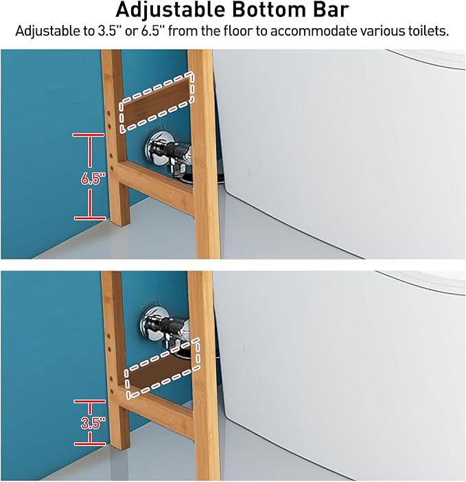 HITOMEN Over The Toilet Storage Cabinet, Bamboo Adjustable 3-Tier Above Toilet Shelf, Stable Freestanding Above Toilet Organizer with 3 Hooks for Bathroom Restroom Laundry Balcony, Natural 67" H