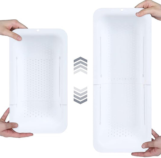 BLUE GINKGO Over the Sink Colander Strainer Basket - Wash Vegetables and Fruits, Drain Cooked Pasta and Dry Dishes - Extendable - New Home Kitchen Essentials (7.9 W x 14.5-19.5 L x 2.75 H) - White-NeatNest