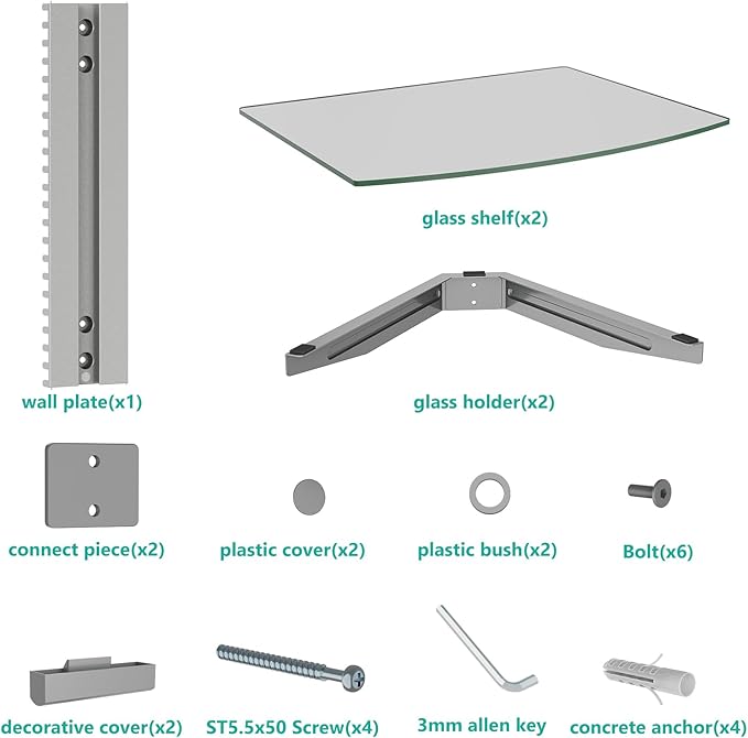 WALI Floating Entertainment Center Shelves, Holds Up to 17.6lbs, TV Shelf with Strengthened Tempered Glasses for DVD Players, Cable Boxes, Games Consoles, TV Accessories (CS202S), 2 Shelf, Silver